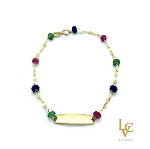 Bracciale oro giallo e pietre multicolore con piastrina